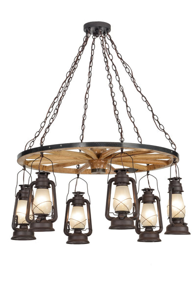 Miners Lantern Six Light Chandelier in Rust,Natural Wood Finish