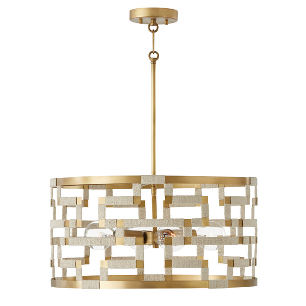 Hala Four Light Pendant in Bleached Natural Jute and Patinaed Brass Finish