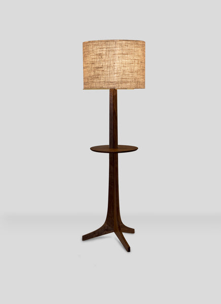 Nauta Floor Lamp Dark Stained Walnut with Burlap Shade and Wood Shelf