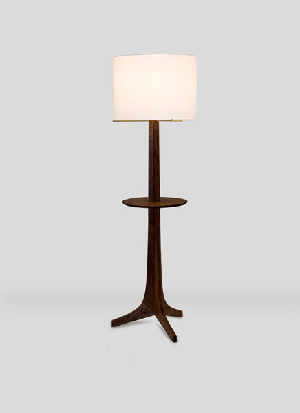 Nauta Floor Lamp Dark Stained Walnut with White Linen Shade and Wood Shelf