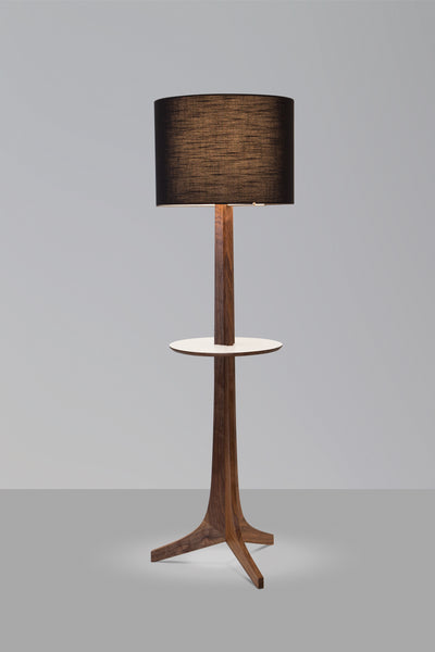Nauta Floor Lamp Dark Stained Walnut with Black Amaretto Shade and White Shelf
