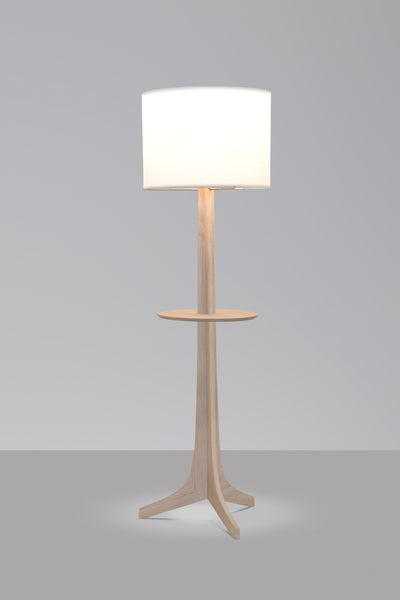 Nauta Floor Lamp Washed White Oak with White Linen Shade and Wood Shelf
