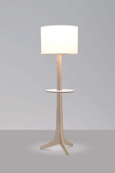 Nauta Floor Lamp Washed White Oak with White Linen Shade and White Shelf